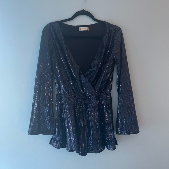 Navy Sequin Deep V Romper - Picture 1 of 4